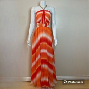 White orange tie dye chained cutout accordion pleated maxi dress